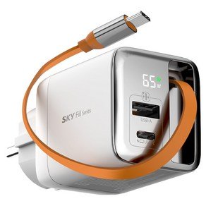 SKY 필 GaN 빌트인 케이블 일체형 디스플레이 접지형 초고속 충전기 65W SKY-GaN65DC, 화이트, 1개 (26,540원)