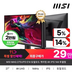 MSI 27인치 UHD 4K IPS 144Hz 게이밍 모니터 (319,220원 / 무료)