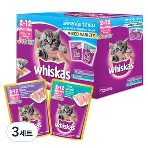 위스카스 주니어 고양이 믹스드 버라이어티팩 주식파우치 참치 6p + 고등어 6p, 참치+고등어, 80g, 36개 (28,560원)