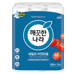 깨끗한나라 데일리 천연펄프 키친타올, 200매, 12개 (8,240원)