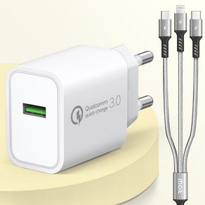 모잇 퀄컴 공식인증 QC3.0 18W 급속 고속충전기 + 3in1 멀티 케이블 1.2m 세트, 화이트, 1세트 (7,190원)