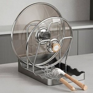 주방 정리왕 3in1 멀티 스탠드 - 냄비뚜껑/국자/도마 거치대 공간 활용 탁상형 수납 선반 물기 빼짐 설계, 회색, 1개 (1,890원)